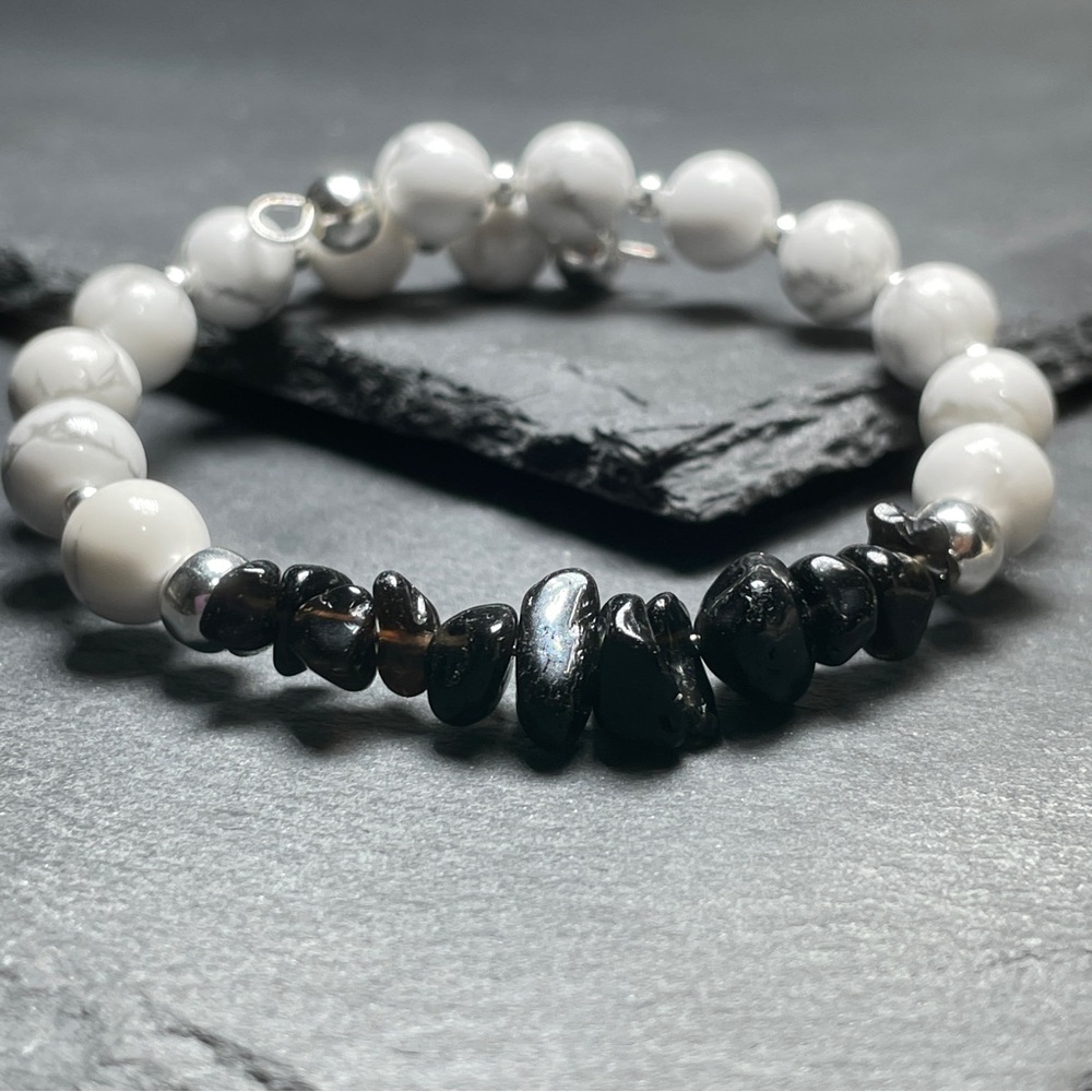 Natural Black Onyx And White Howlite Bangle Bracelet Cuff Artisan Handmade